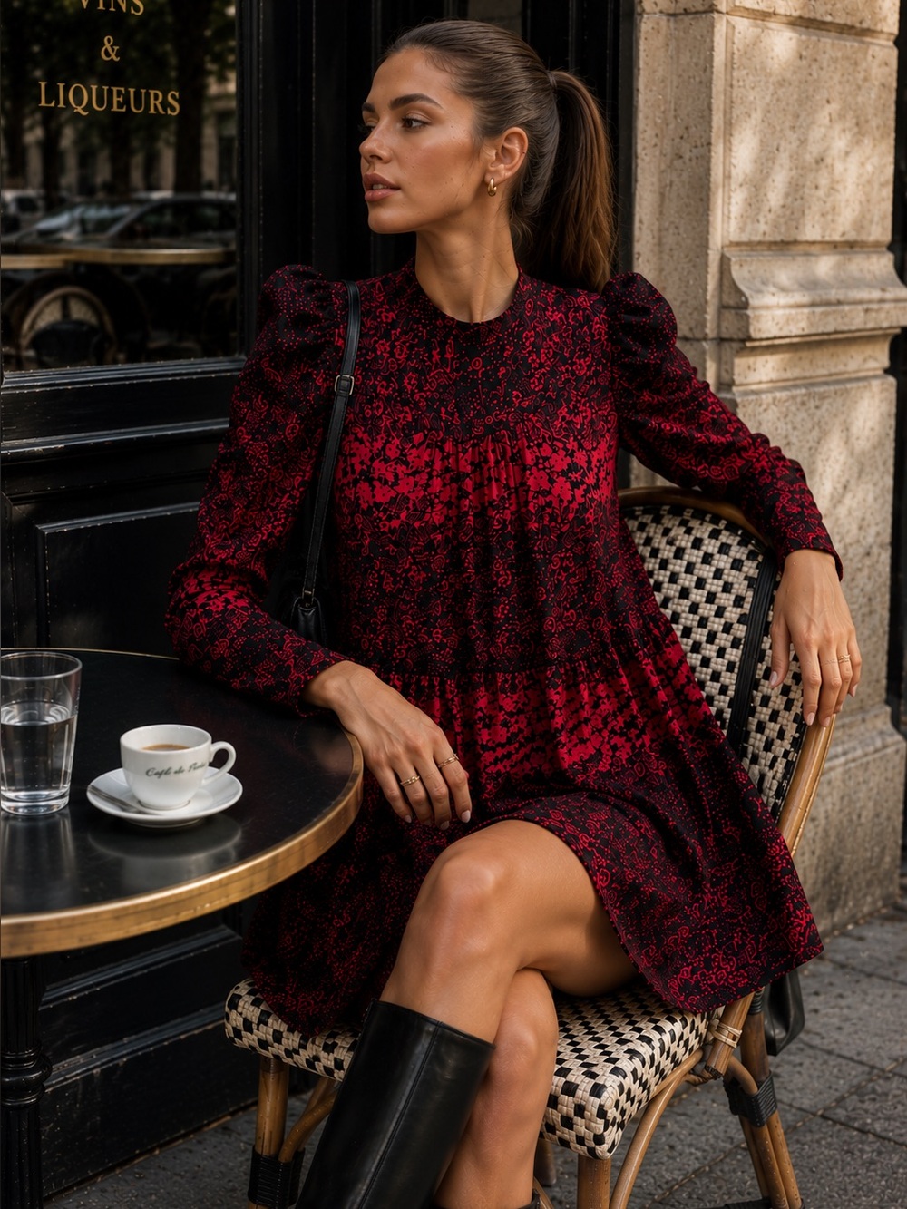 Topshop Floral Puff Sleeve Tiered Mini Dress Red Black 4 NWOT